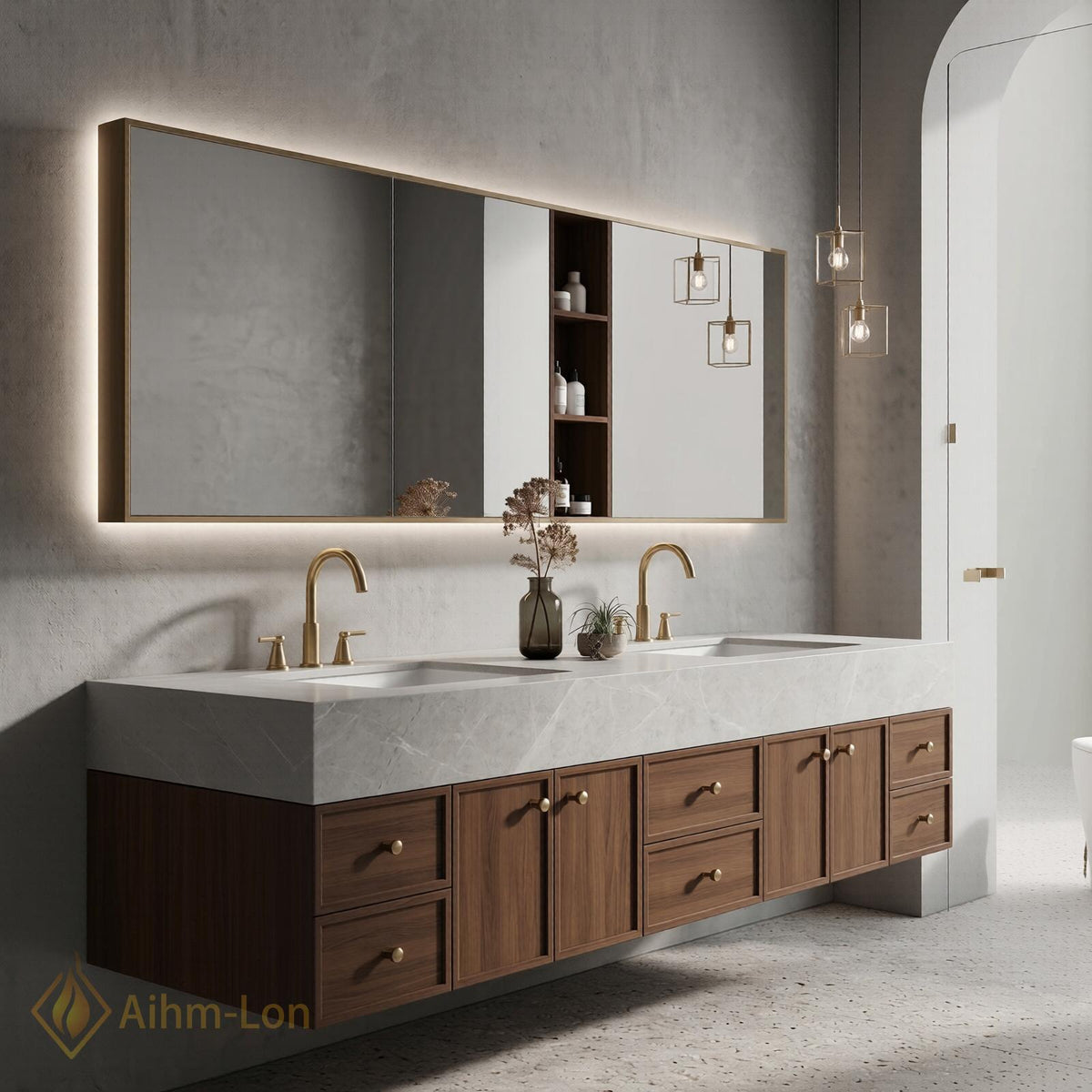 60''-96'' Double Bathroom Vanity with Sink Floating Warm Wood Finish Marble Top