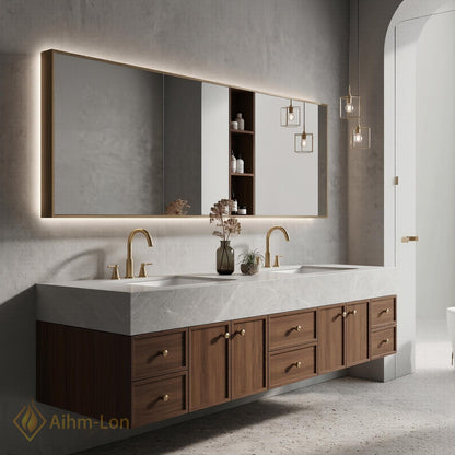 60''-96'' Double Bathroom Vanity with Sink Floating Warm Wood Finish Marble Top