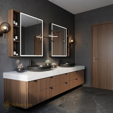 72''-96'' Bathroom Vanity with Sink Floating Double White Marble Slatted Front Panels
