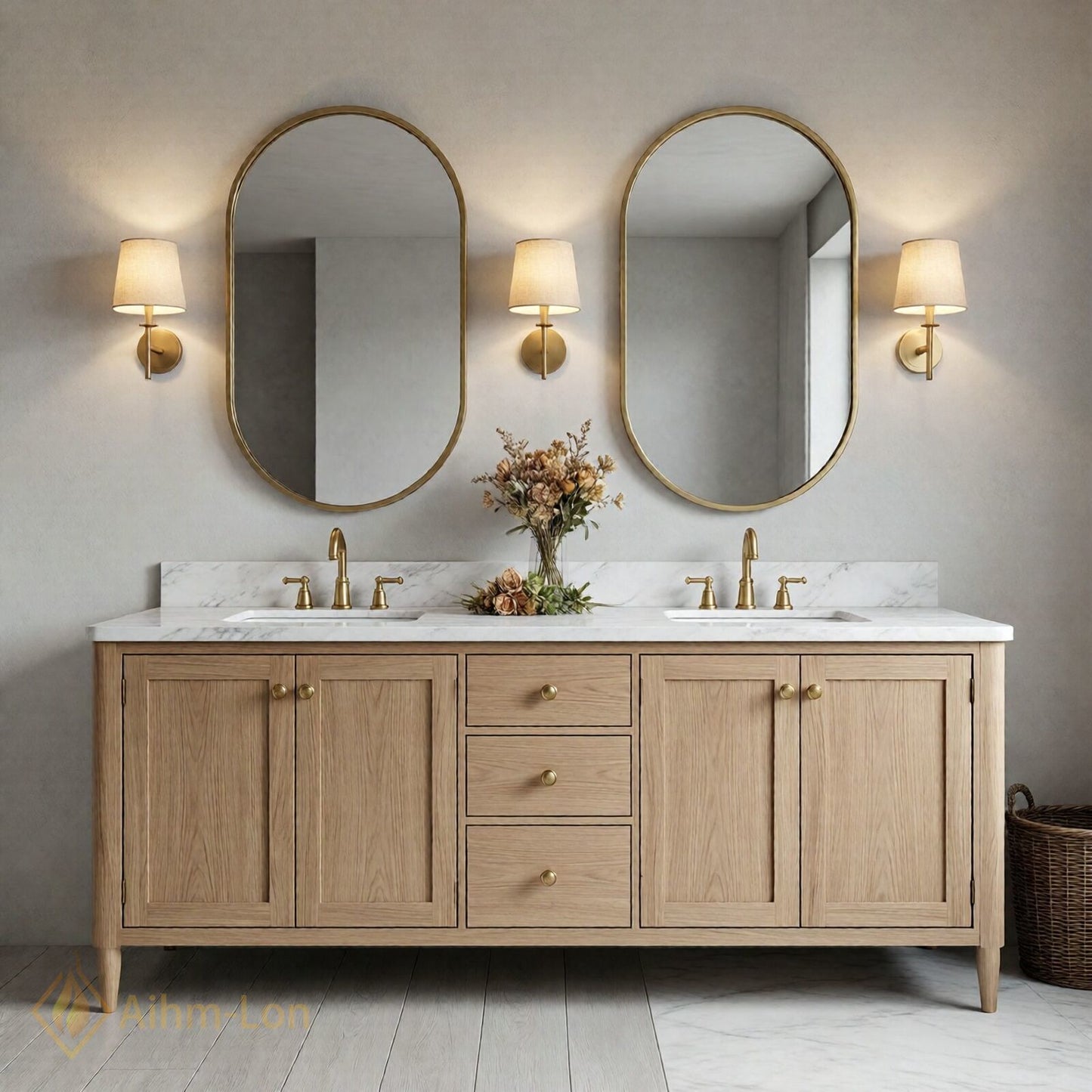60''-96'' Spacious Bathroom Vanity with Sink Double Sink Natural Oak Marble Top