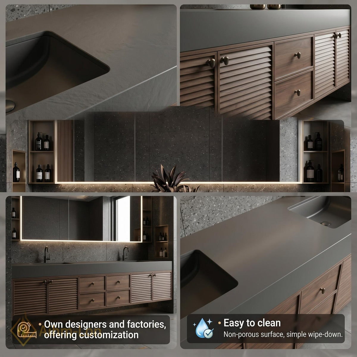 60''-96'' Double Bathroom Vanity with Sink Modern Floating Dark Walnut Slatted Panel