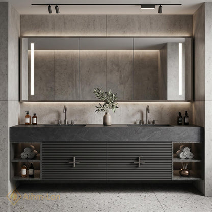 60''-96'' Double Bathroom Vanity with Sink Dark Stone Slatted Open Side Shelving