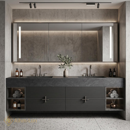 60''-96'' Double Bathroom Vanity with Sink Dark Stone Slatted Open Side Shelving