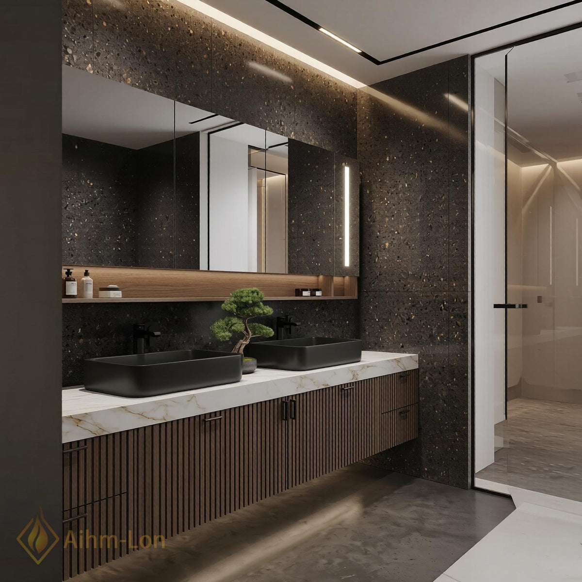 60''-96'' Double Bathroom Vanity with Sink Modern Floating Dark Walnut Slatted Doors