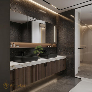 60''-96'' Double Bathroom Vanity with Sink Modern Floating Dark Walnut Slatted Doors