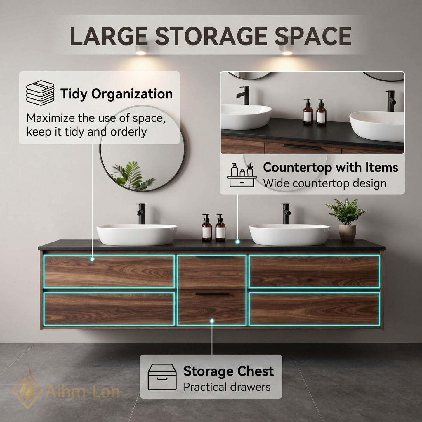 60''-96'' Floating Bathroom Vanity with Sink Double Vessel Sinks Dark Walnut Finish