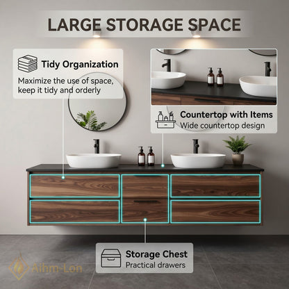 60''-96'' Floating Bathroom Vanity with Sink Double Vessel Sinks Dark Walnut Finish
