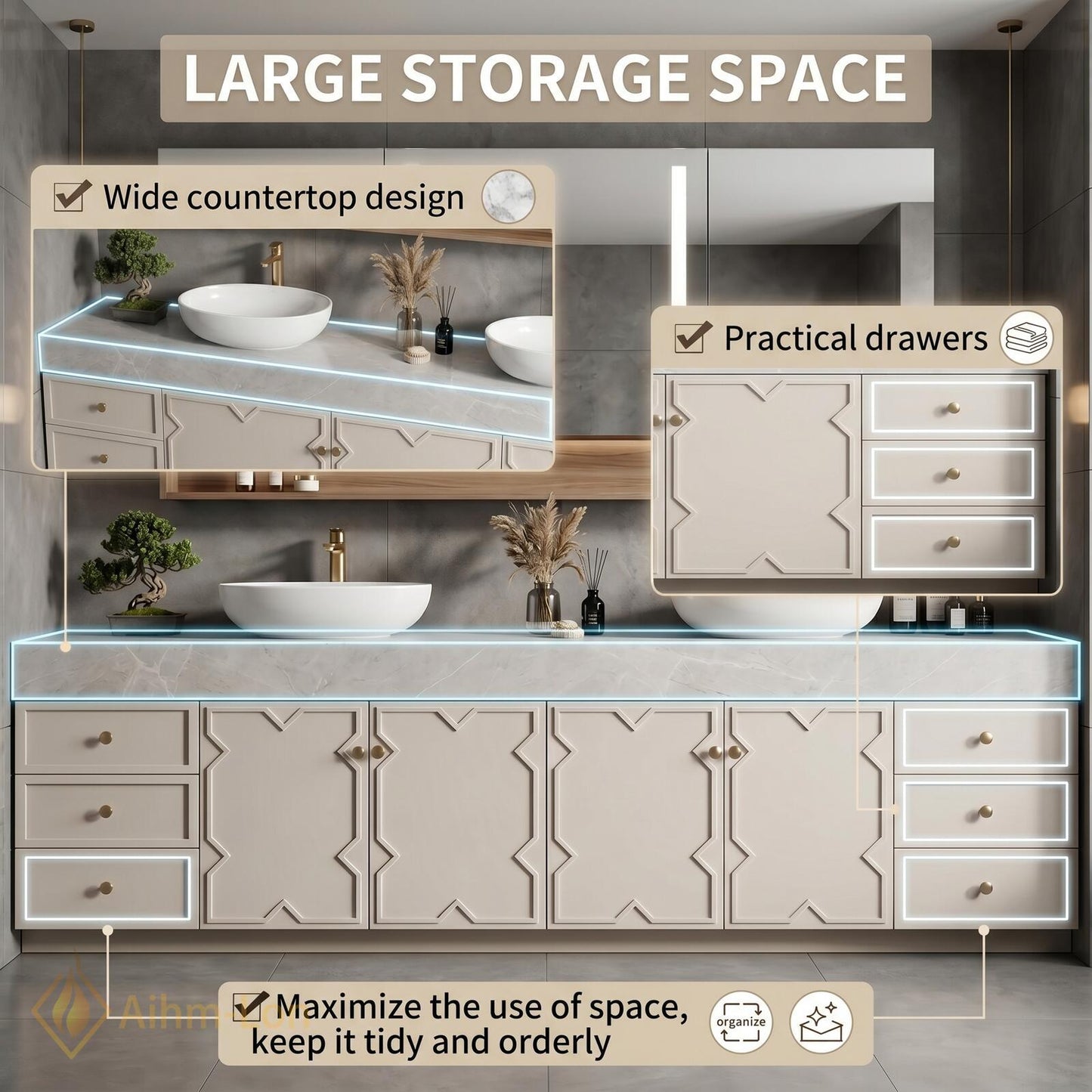 72''-96'' Double Bathroom Vanity with Sink Modern Floating Doors Stone Surface Open