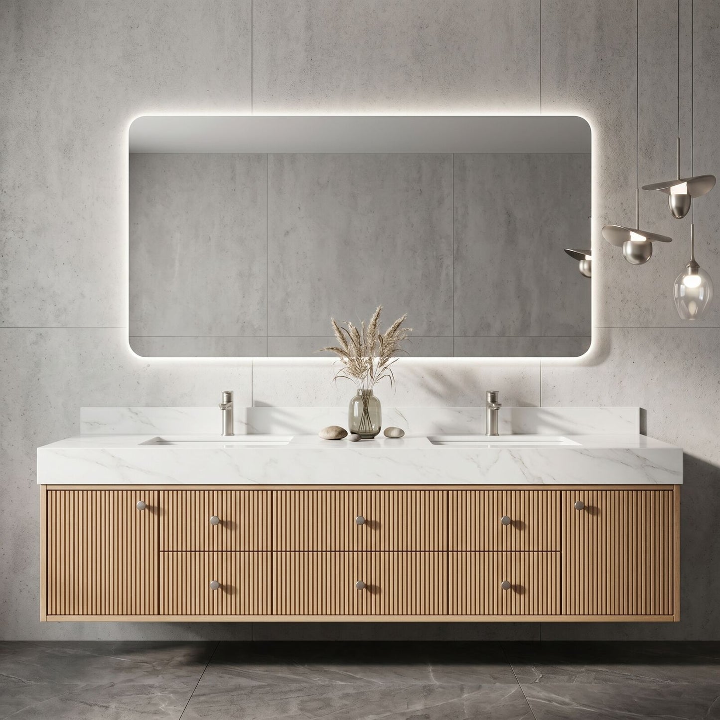 70''-96'' Modern Bathroom Vanity with Sink Vertical Slat Panels Rounded Corner Cabinet