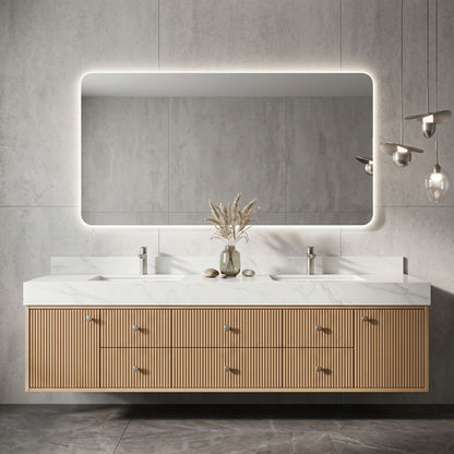 70''-96'' Modern Bathroom Vanity with Sink Vertical Slat Panels Rounded Corner Cabinet
