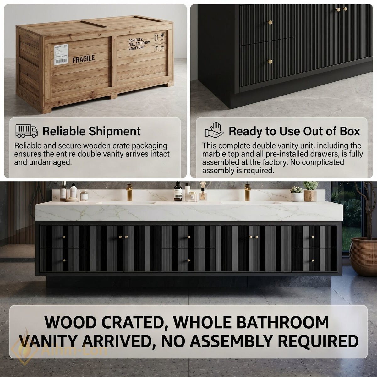 76''-96'' Double Bathroom Vanity with Sink Dark Ribbed Front Panel Floating Storage