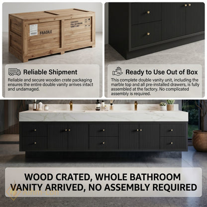 76''-96'' Double Bathroom Vanity with Sink Dark Ribbed Front Panel Floating Storage