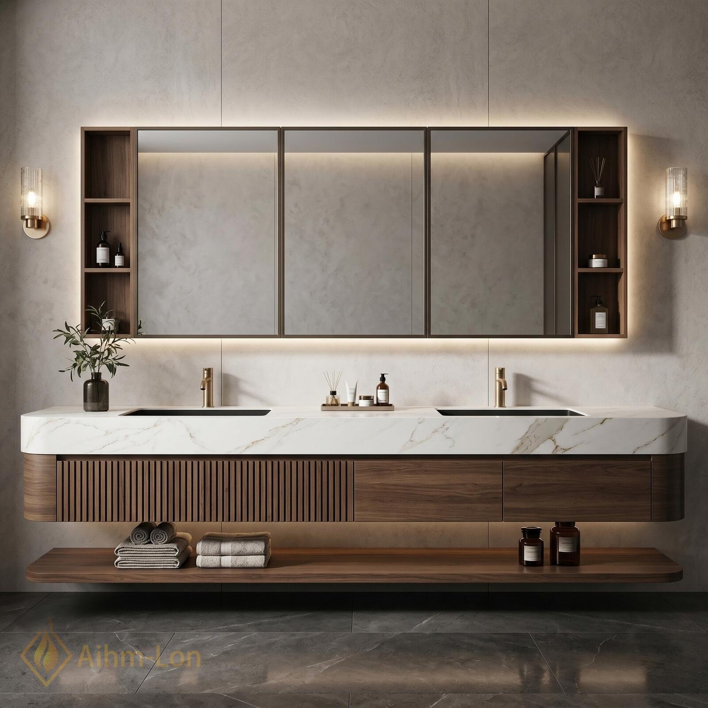 60''-96'' Double Bathroom Vanity with Sink Modern Floating Dark Walnut Fluted Panels