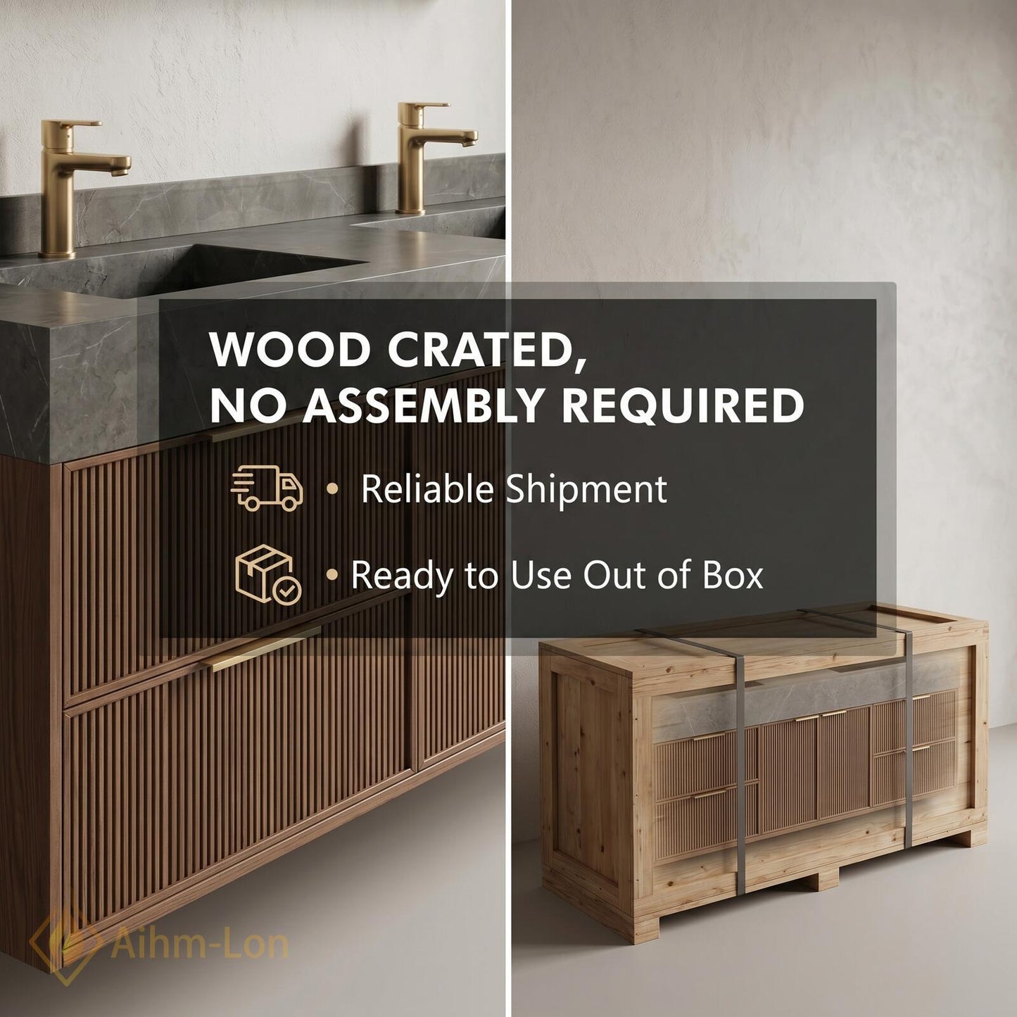 60''-96'' Double Bathroom Vanity with Sink Floating Dark Stone Countertop Wood Grain