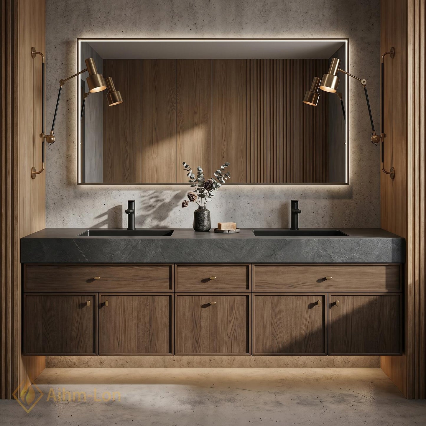 70''-96'' Double Bathroom Vanity with Sink Floating Modern Basins Dark Stone Countertop