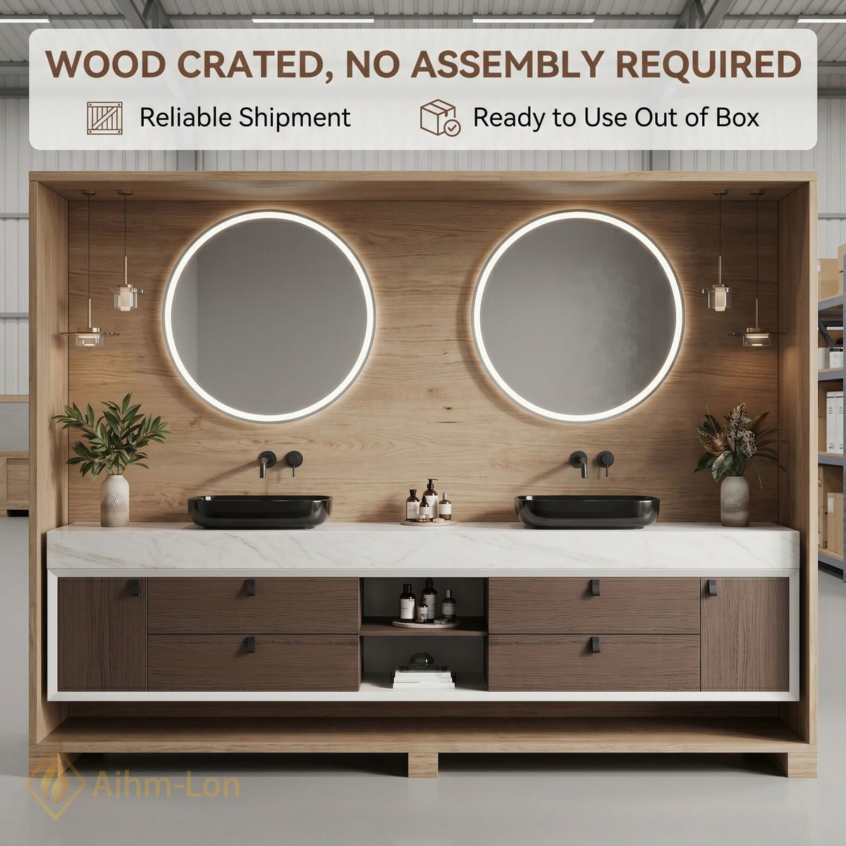 60''-96'' Double Bathroom Vanity with Sink White Marble Top Open Shelving Center