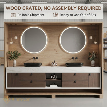 60''-96'' Double Bathroom Vanity with Sink White Marble Top Open Shelving Center