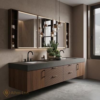 72''-96'' Double Bathroom Vanity with Sink Dark Modern Floating Stone-Top