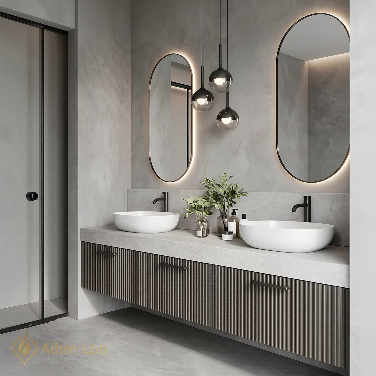 60''-96'' Double Bathroom Vanity with Sink Slatted Grey Panels Stone Top Floating