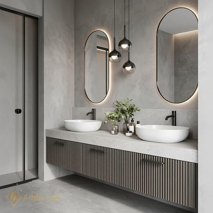 60''-96'' Double Bathroom Vanity with Sink Slatted Grey Panels Stone Top Floating
