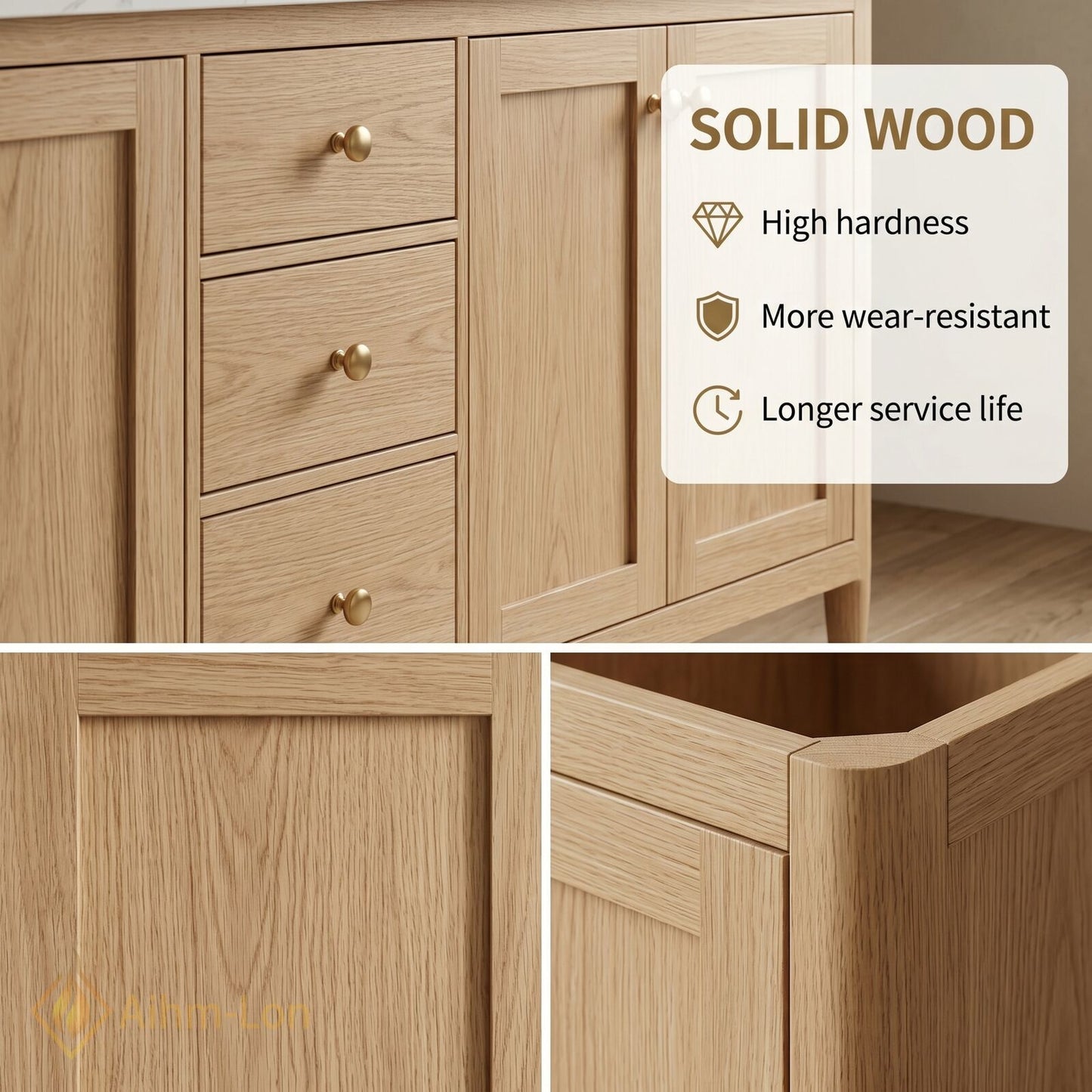 60''-96'' Spacious Bathroom Vanity with Sink Double Sink Natural Oak Marble Top
