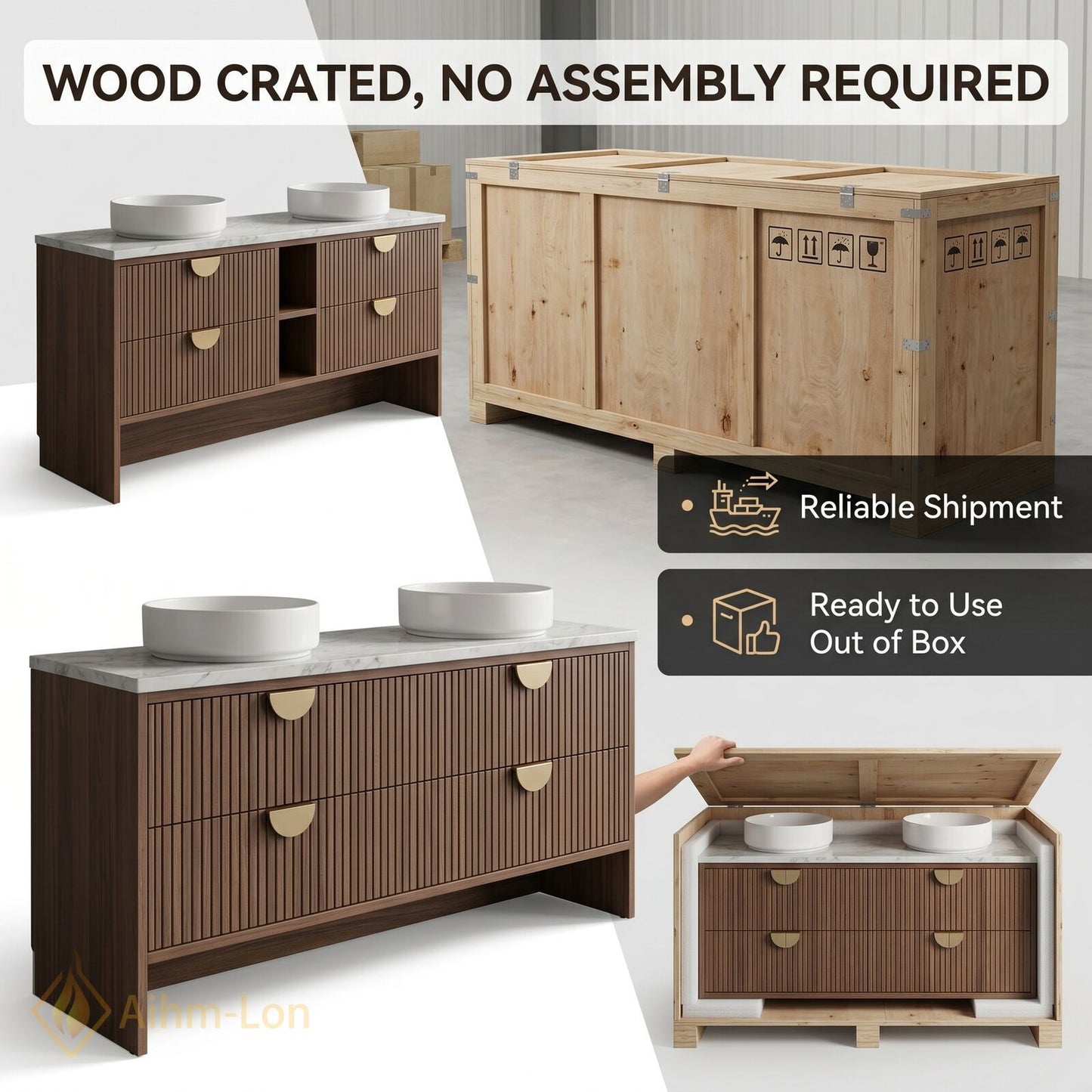 60''-96'' Double Bathroom Vanity with Sink Modern Solid-Wood Wood-Grain Slatted Open-Shelving Sleek
