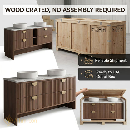 60''-96'' Double Bathroom Vanity with Sink Modern Solid-Wood Wood-Grain Slatted Open-Shelving Sleek
