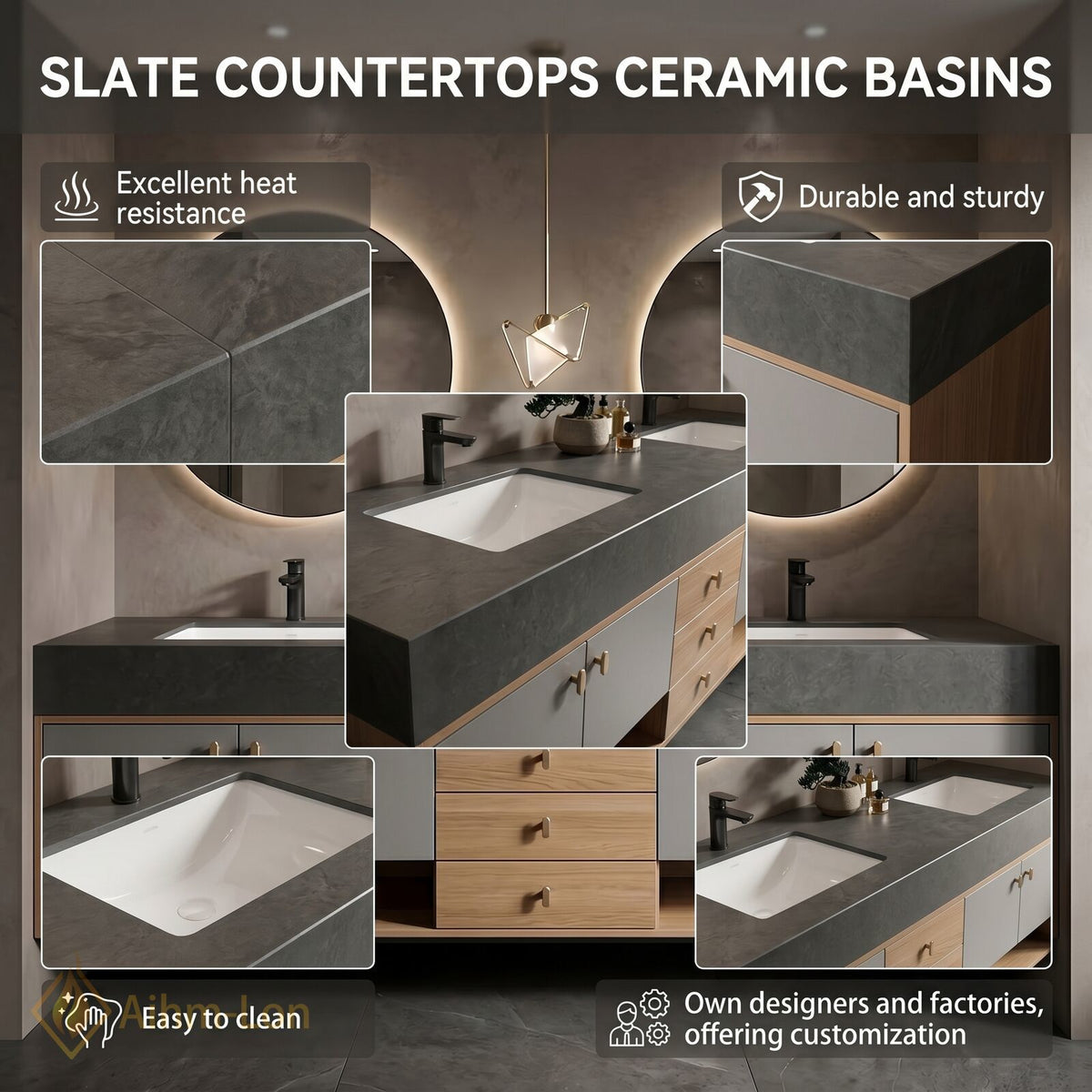 60''-96'' Double Bathroom Vanity with Sink Grey Lacquer Doors Open Shelving Base