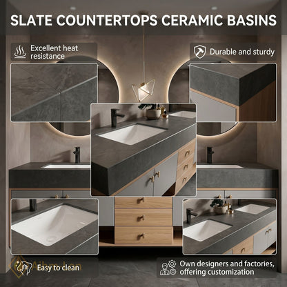 60''-96'' Double Bathroom Vanity with Sink Grey Lacquer Doors Open Shelving Base