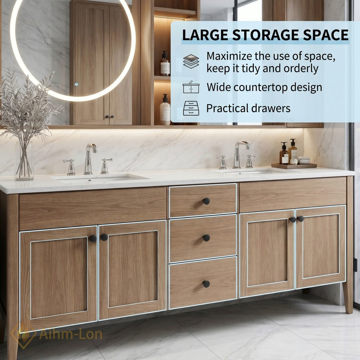 70''-96'' Modern Bathroom Vanity with Sink Double Sink Floating Storage Anti-Fog Mirror