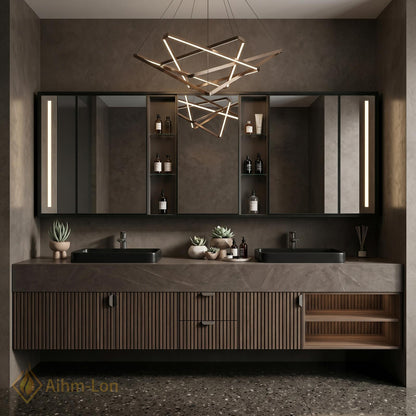 60''-96'' Double Bathroom Vanity with Sink Ribbed Vertical Matte Charcoal Center Shelf
