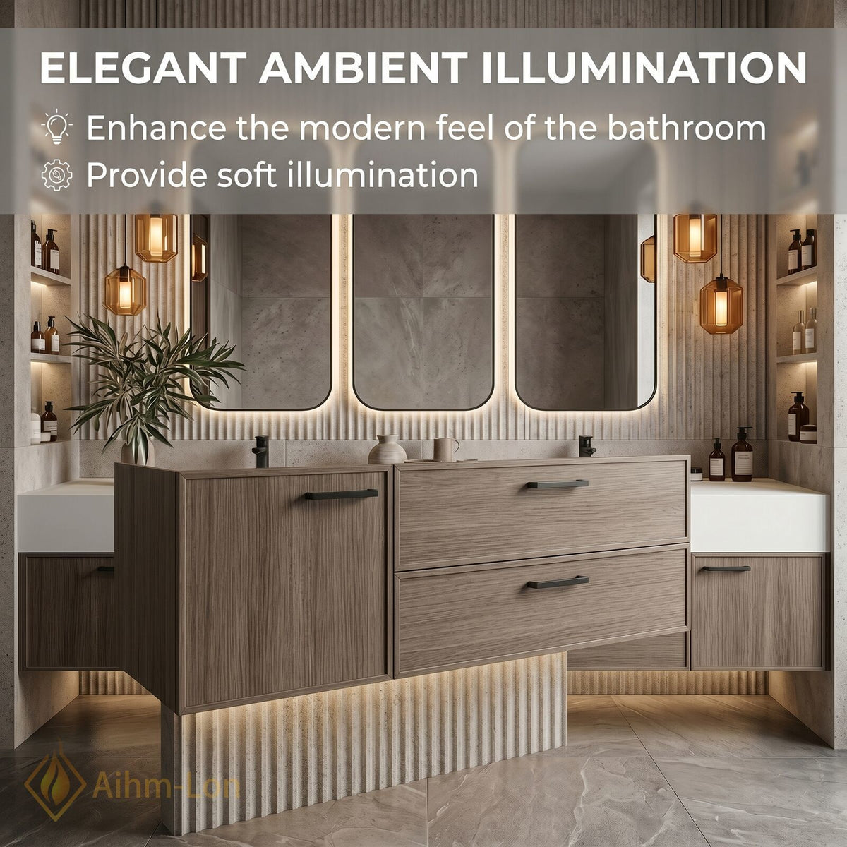 76''-96'' Double Bathroom Vanity with Sink Warm Wood Frame Wide White Top