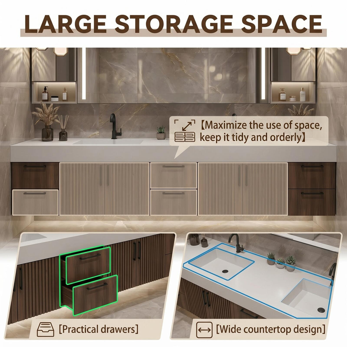 60''-96'' Double Bathroom Vanity with Sink Modern Floating Dark Walnut Slatted Panel