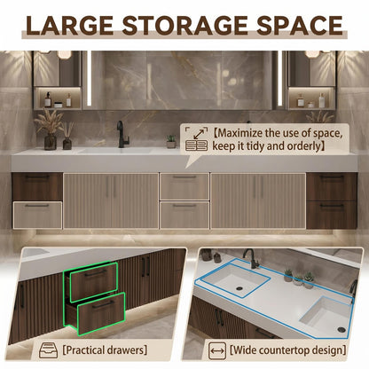 60''-96'' Double Bathroom Vanity with Sink Modern Floating Dark Walnut Slatted Panel