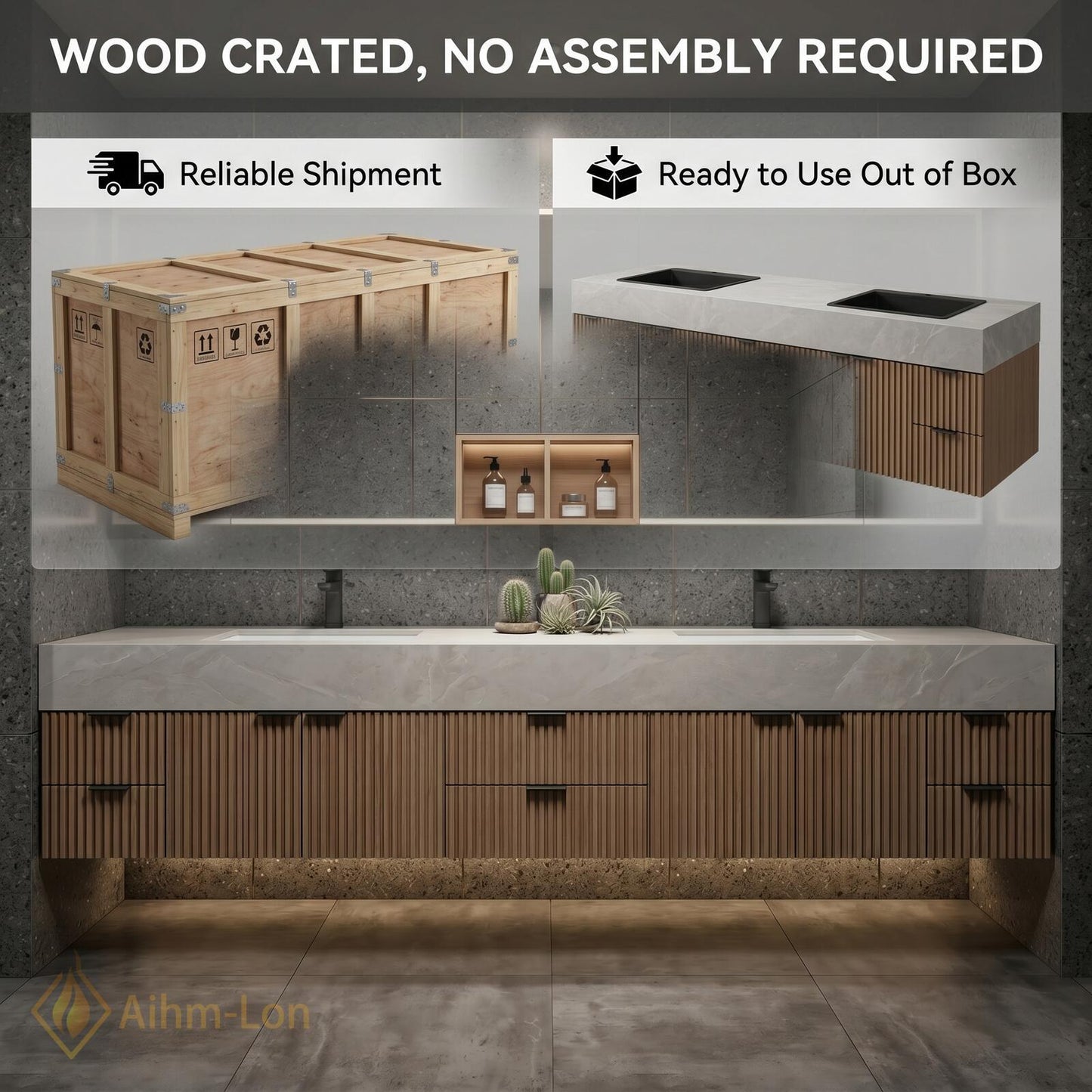 78''-96'' Modern Double Bathroom Vanity with Sink Floating Dark Wood Marble-Like Stone