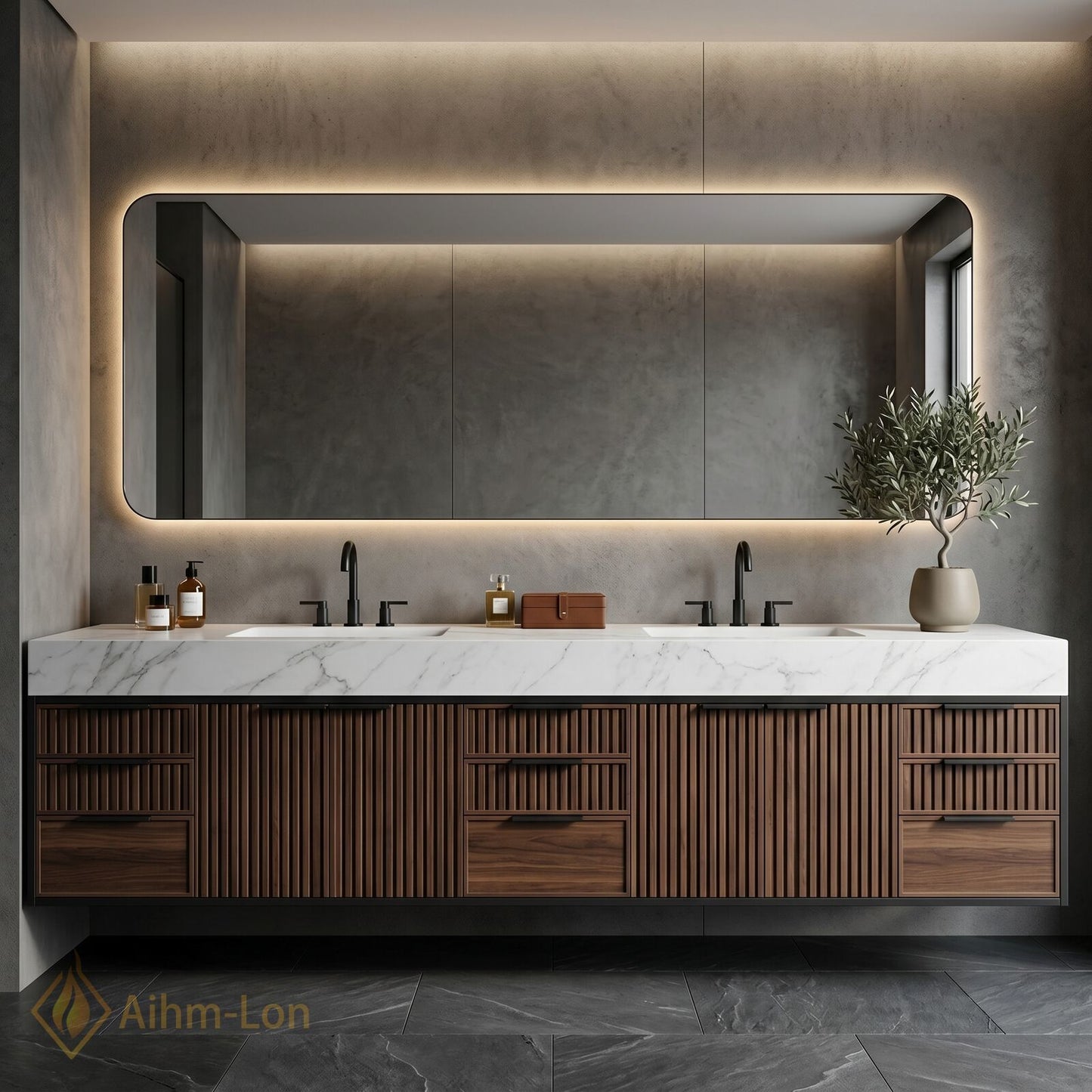 70''-96'' Double Bathroom Vanity with Sink White-Marble White Modern Slatted Design Vented