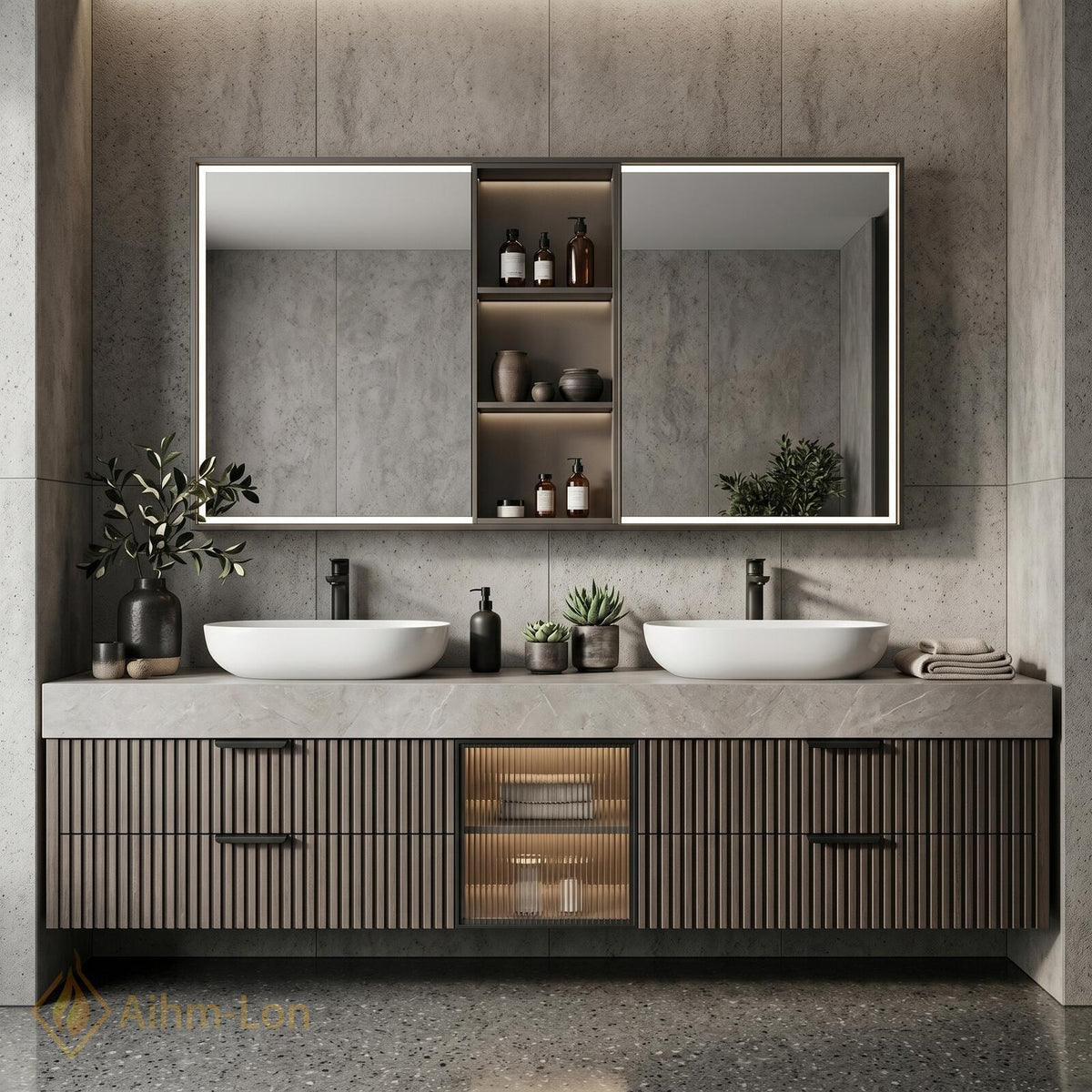 60''-96'' Double Bathroom Vanity with Sink Slatted Panels Glass Center Door Open