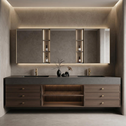 60''-96'' Double Bathroom Vanity with Sink Modern Floating Dark Wood Finish Open Shelving