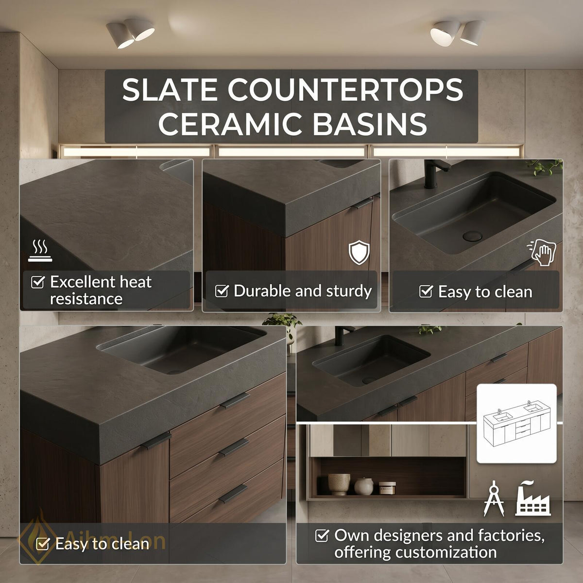 60''-96'' Double Bathroom Vanity with Sink Modern Floating Dark Walnut Grain Drawers