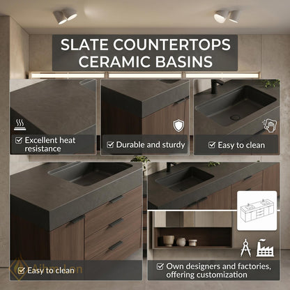 60''-96'' Double Bathroom Vanity with Sink Modern Floating Dark Walnut Grain Drawers