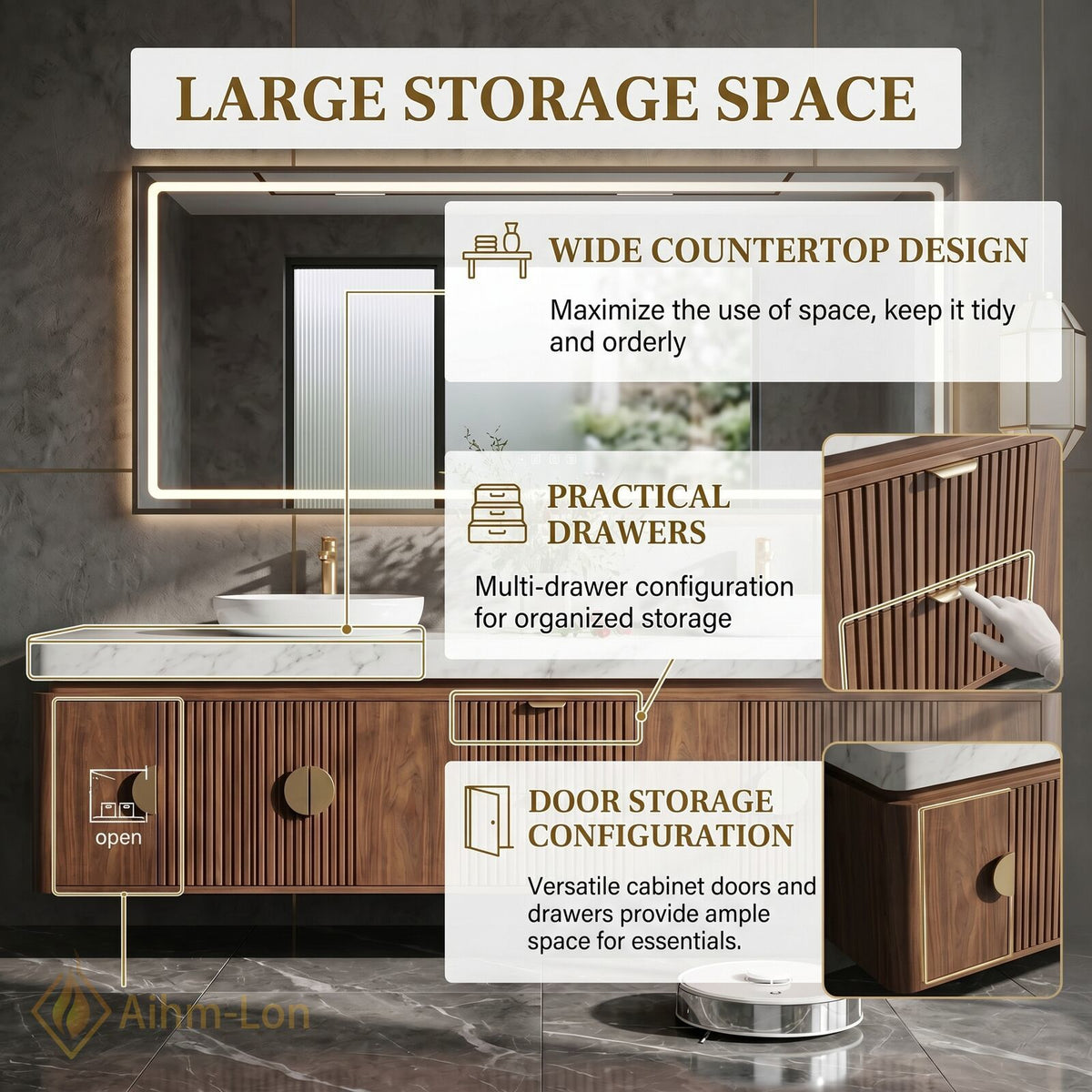 76''-96'' Double Bathroom Vanity with Sink Warm Wood Marble Top Gold Knobs