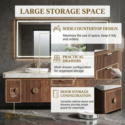 76''-96'' Double Bathroom Vanity with Sink Warm Wood Marble Top Gold Knobs