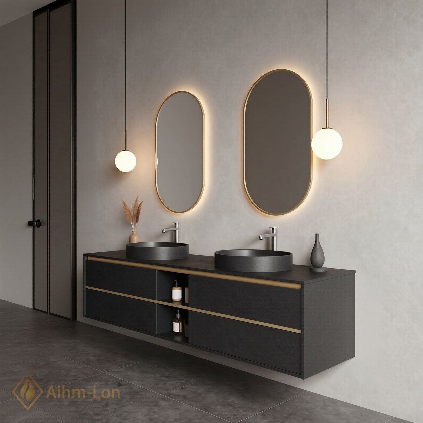 60''-96'' Floating Bathroom Vanity with Sink Wall Mounted Charcoal Finish Double Oval Mirrors Cabinet