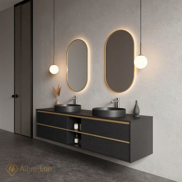 60''-96'' Floating Bathroom Vanity with Sink Wall Mounted Charcoal Finish Double Oval Mirrors Cabinet