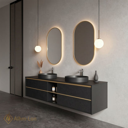 60''-96'' Floating Bathroom Vanity with Sink Wall Mounted Charcoal Finish Double Oval Mirrors Cabinet