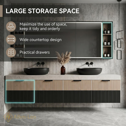 60''-96'' Double Bathroom Vanity with Sink Floating Stone-Like Countertop Two-Tone Vertical Slats