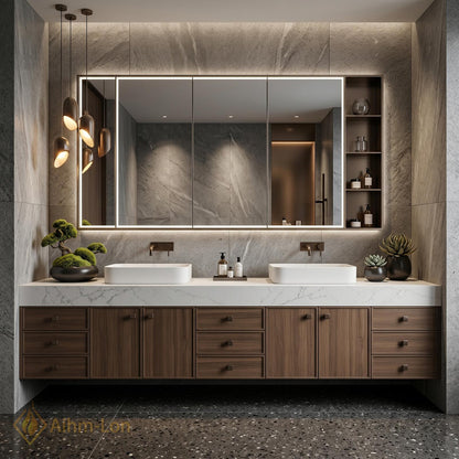 76''-96'' Modern Double Bathroom Vanity with Sink Wall-Mounted Dark Walnut Open Shelving