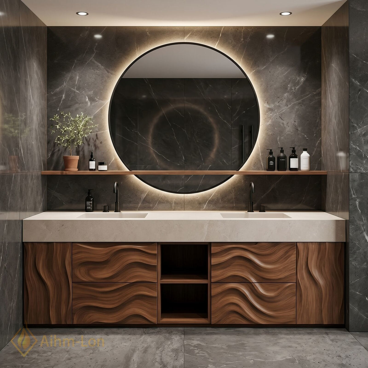 60''-96'' Double Bathroom Vanity with Sink Wavy Wood Grains Open Shelving Base