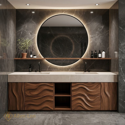 60''-96'' Double Bathroom Vanity with Sink Wavy Wood Grains Open Shelving Base