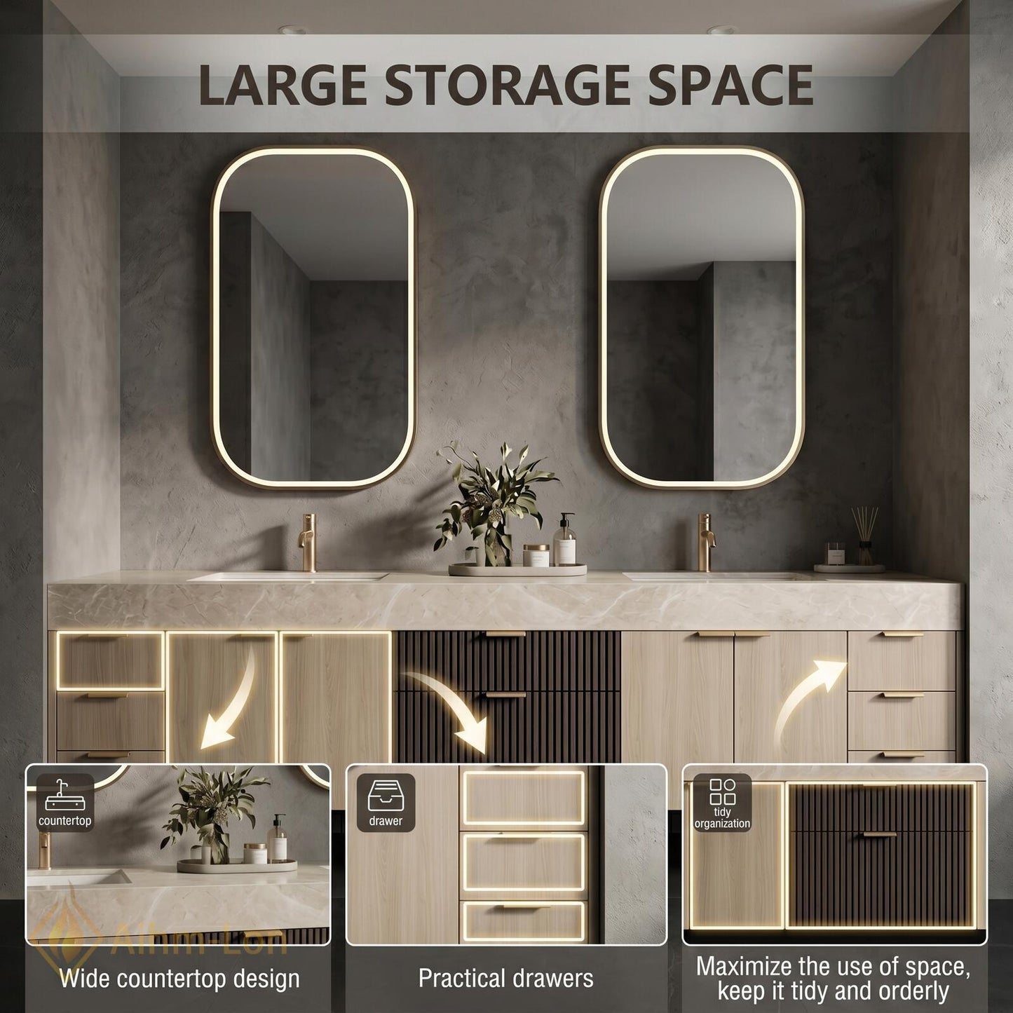 74''-96'' Double Bathroom Vanity with Sink Modern Floating Slatted-Panel Drawers Storage